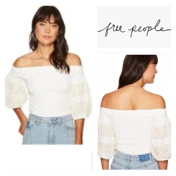 Free People “Rock With It Top”  In Ivory Off Shoulder W/Cream Embroidery Size L - Picture 2 of 10